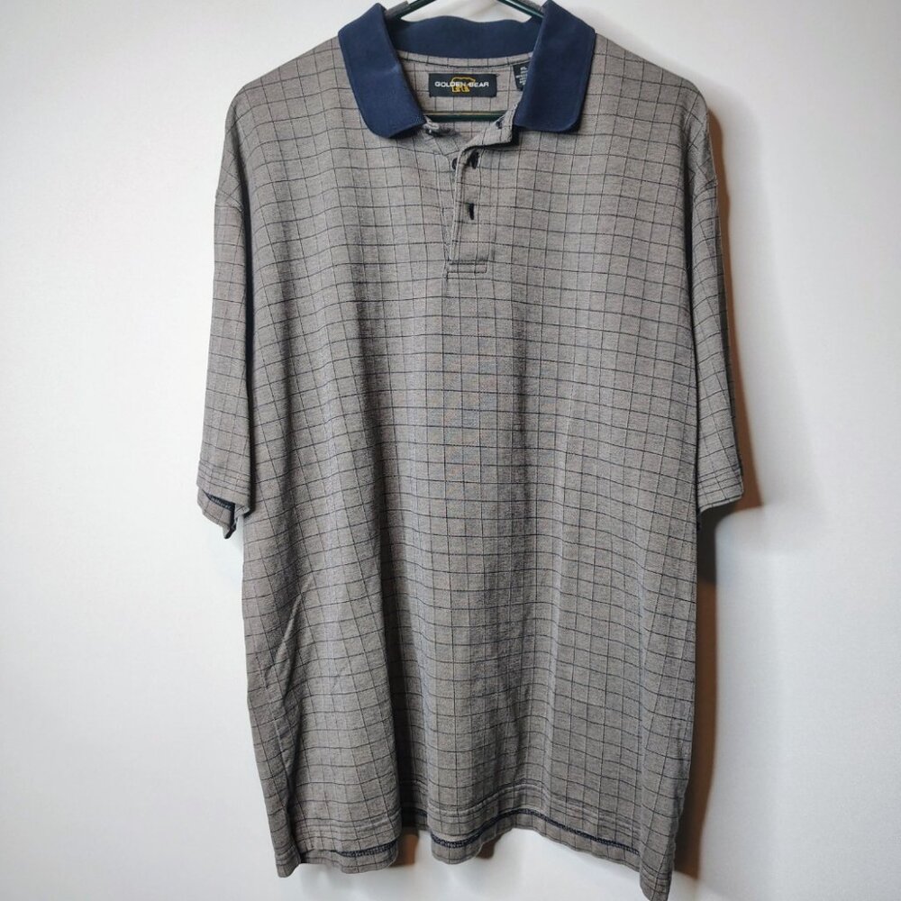 VINTAGE Golden Bear Polo‎ Shirt Size XL Blue Bronze Checked Short Sleeve Golf